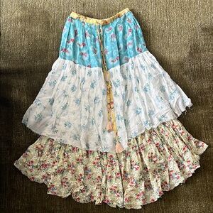 LoveShackFancy Mixed Floral Pattern Layered Raw Hem Maxi A-Line Skirt